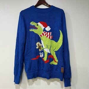 Tipsy Elves Sweater Mens XL Large Blue Ugly Christmas Dinosaur T-Rex Teddy Bear